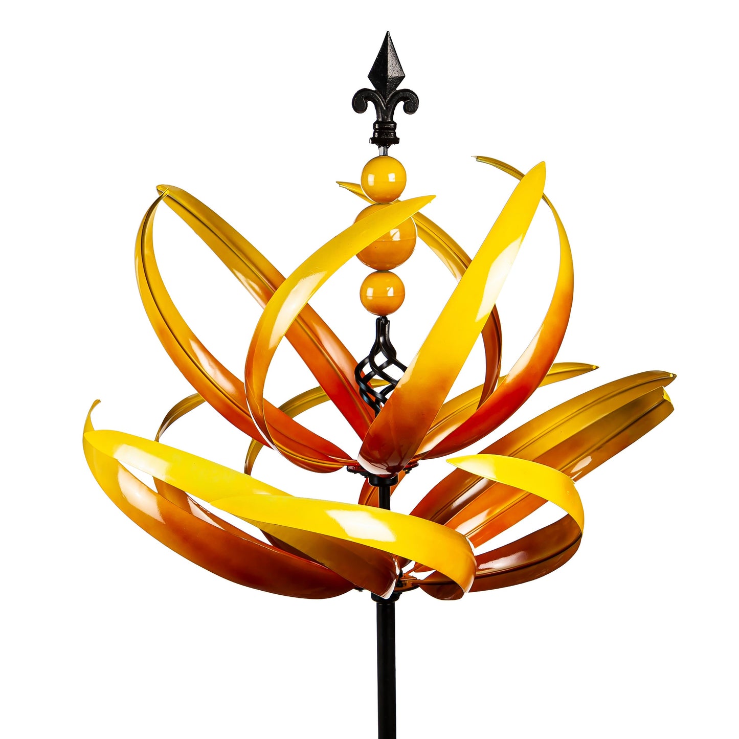 91in Wind Spinner Lotus with yellow-orange ribbons and black finial on a stake on Tampa Home & Garden Store