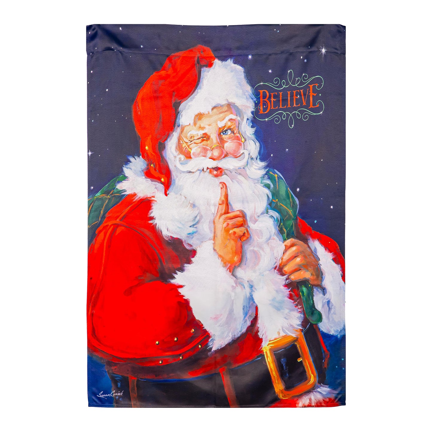 Believe Suede House Flag Santa portrait with red suit and BELIEVE script on dark blue background on Tampa Home & Garden Store