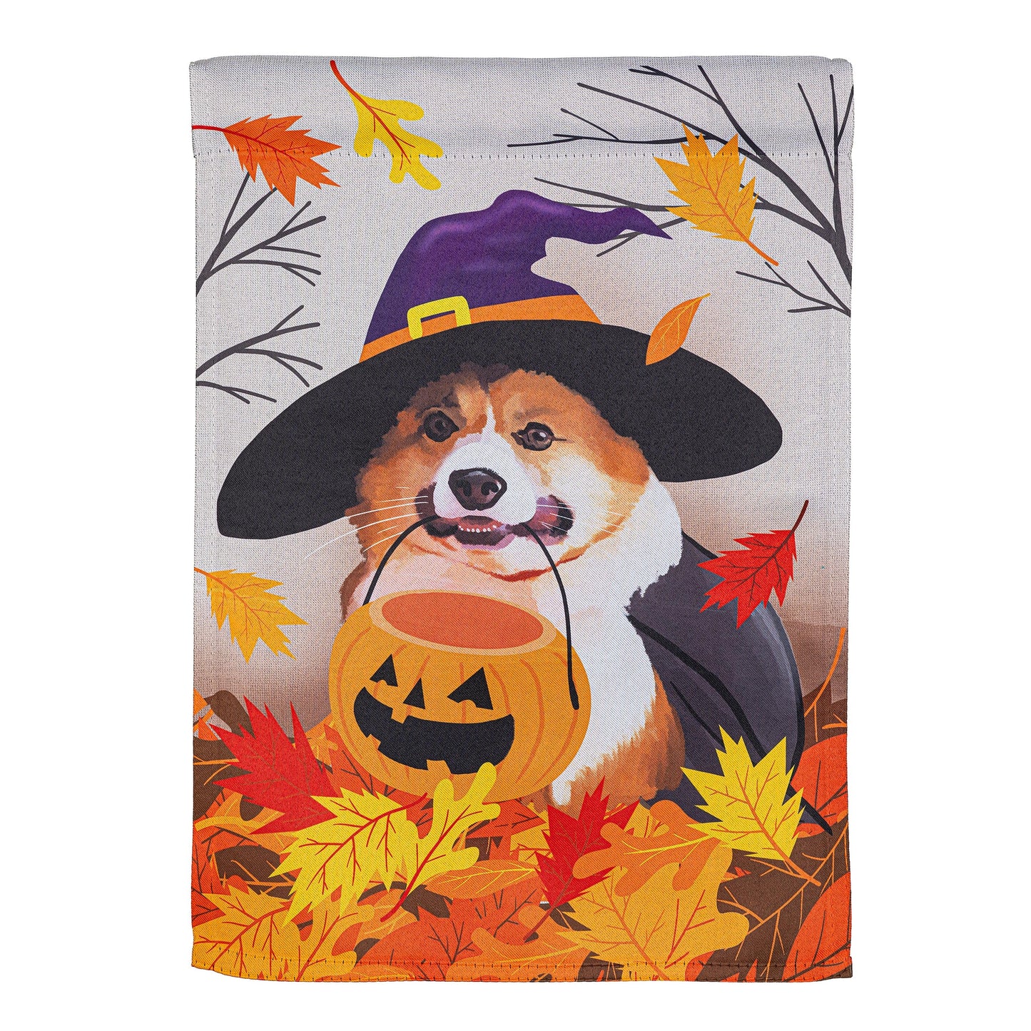 Corgi Fall Suede Garden Flag with witch-hat corgi, pumpkin and autumn leaves on Tampa Home & Garden Store