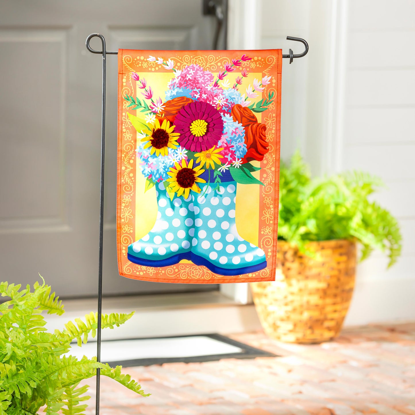Floral Rain Boots Applique Garden Flag orange border turquoise polka-dot bouquet design on Tampa Home & Garden Store