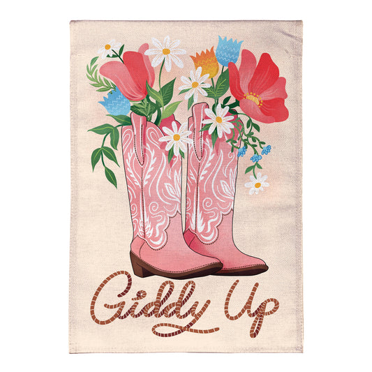 Giddy Up Burlap Garden Flag pink burlap with daisies and boots by Evergreen Enterprises on Tampa Home & Garden Store
