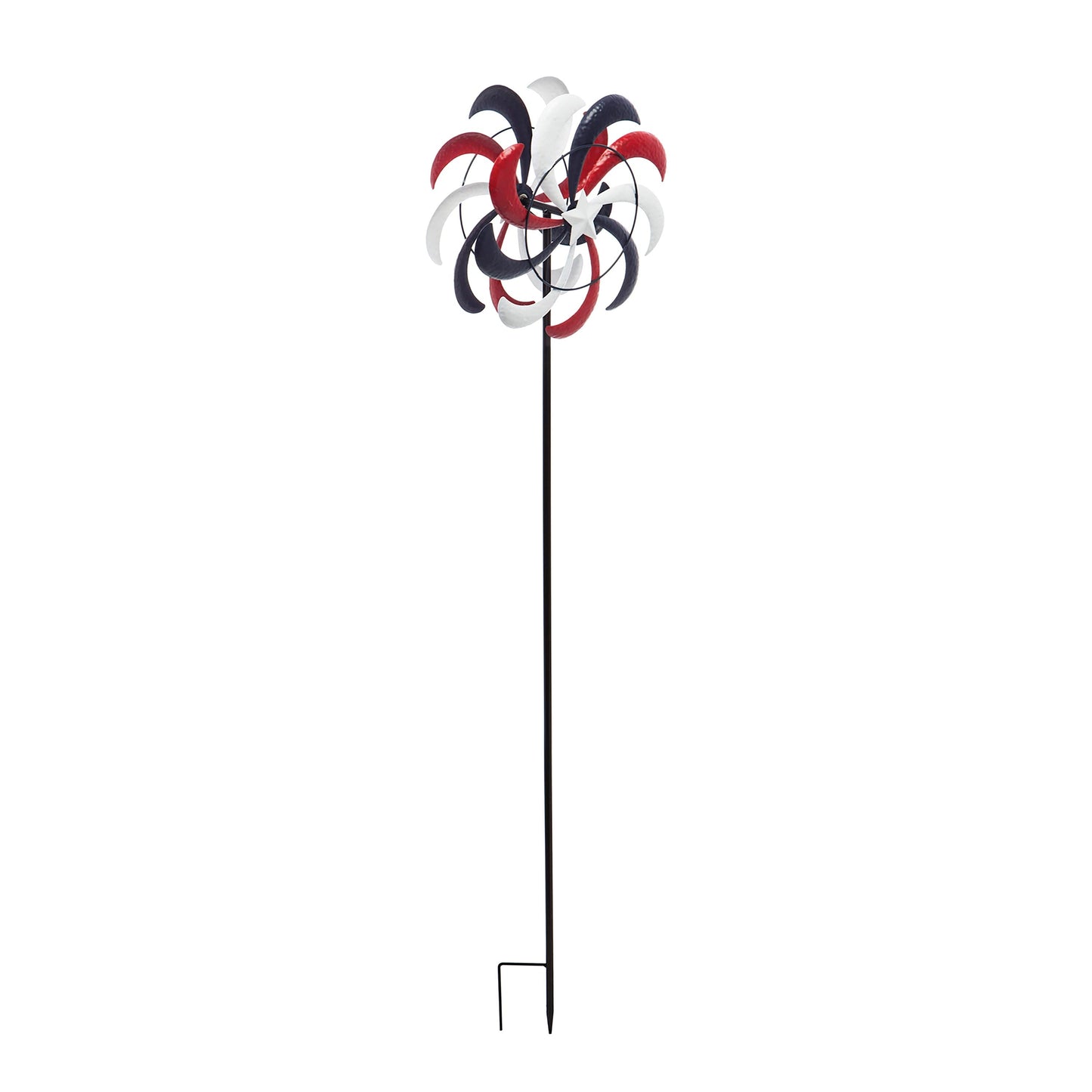 Americana wind spinner garden stake with red, white, and navy blades and star centerpiece on Tampa Home & Garden Store