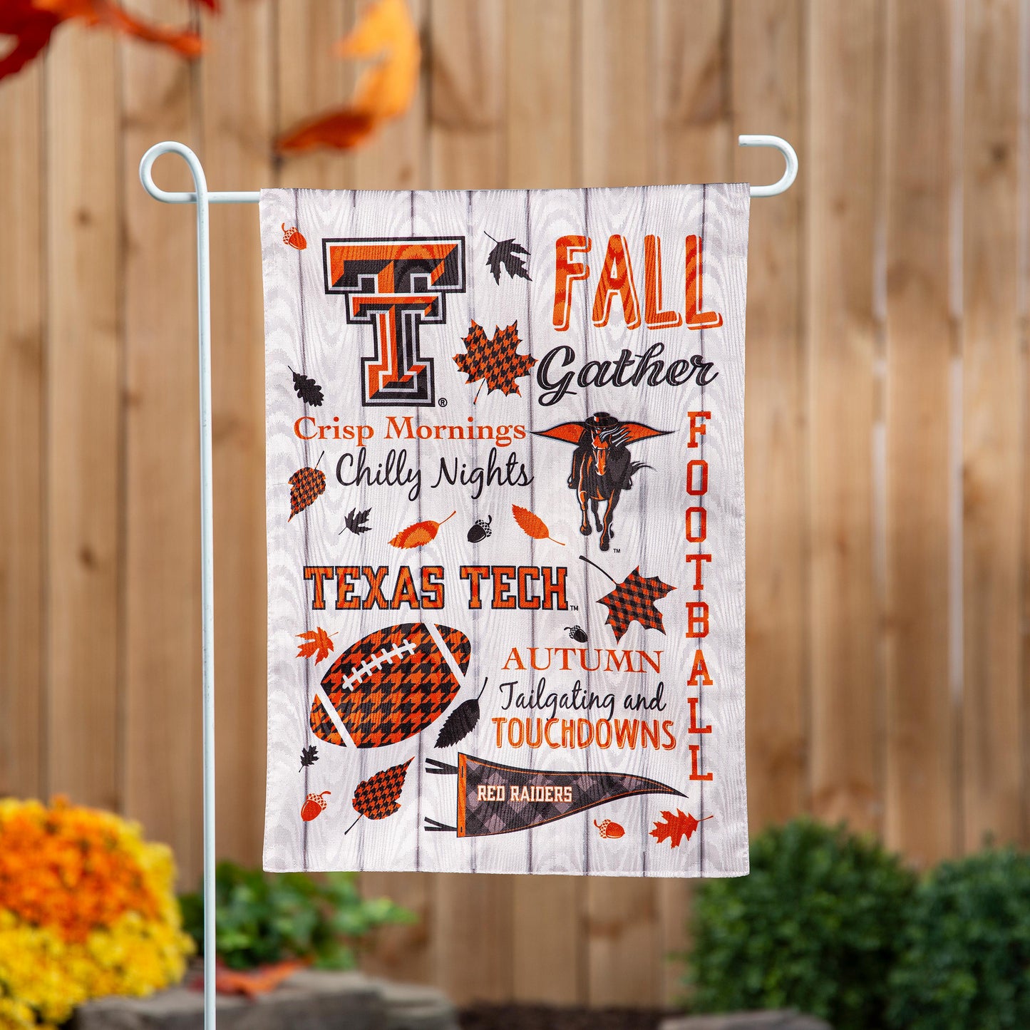 Texas Tech Moire Flag with orange and black fall graphics on gray moire fabric on a metal stand on Tampa Home & Garden Store