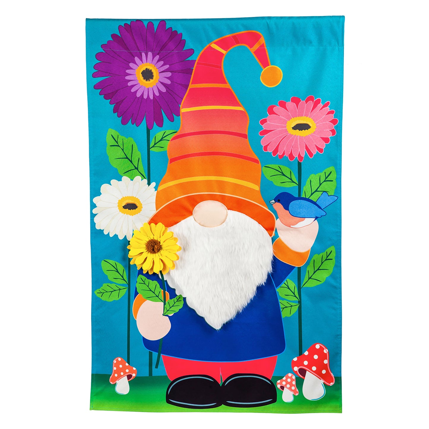 Garden Gnome Linen Flag featuring a gnome with bright flowers on blue background Evergreen on Tampa Home & Garden Store
