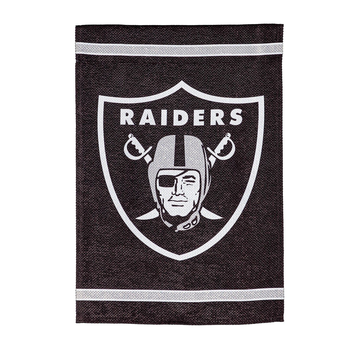 Las Vegas Raiders suede flag with white shield logo on dark brown backdrop on Tampa Home & Garden Store