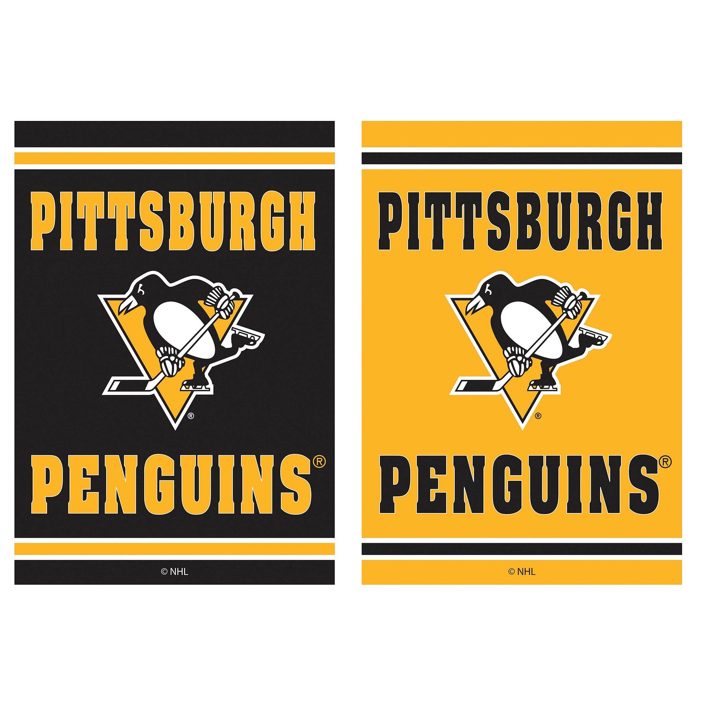 Pair of Pittsburgh Penguins embossed suede house flags in black and gold with team emblem on Tampa Home & Garden Store