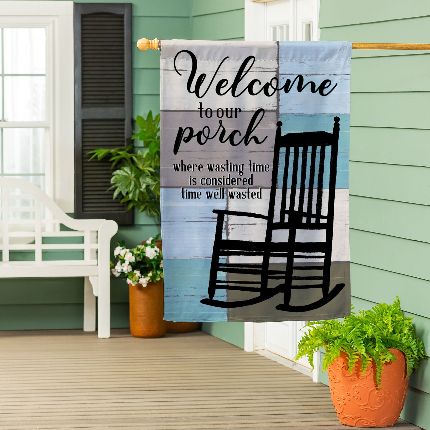 Porch Time Suede Flag blue gray wood-grain by Evergreen Enterprises - Wholesale Collective on Tampa Home & Garden Store