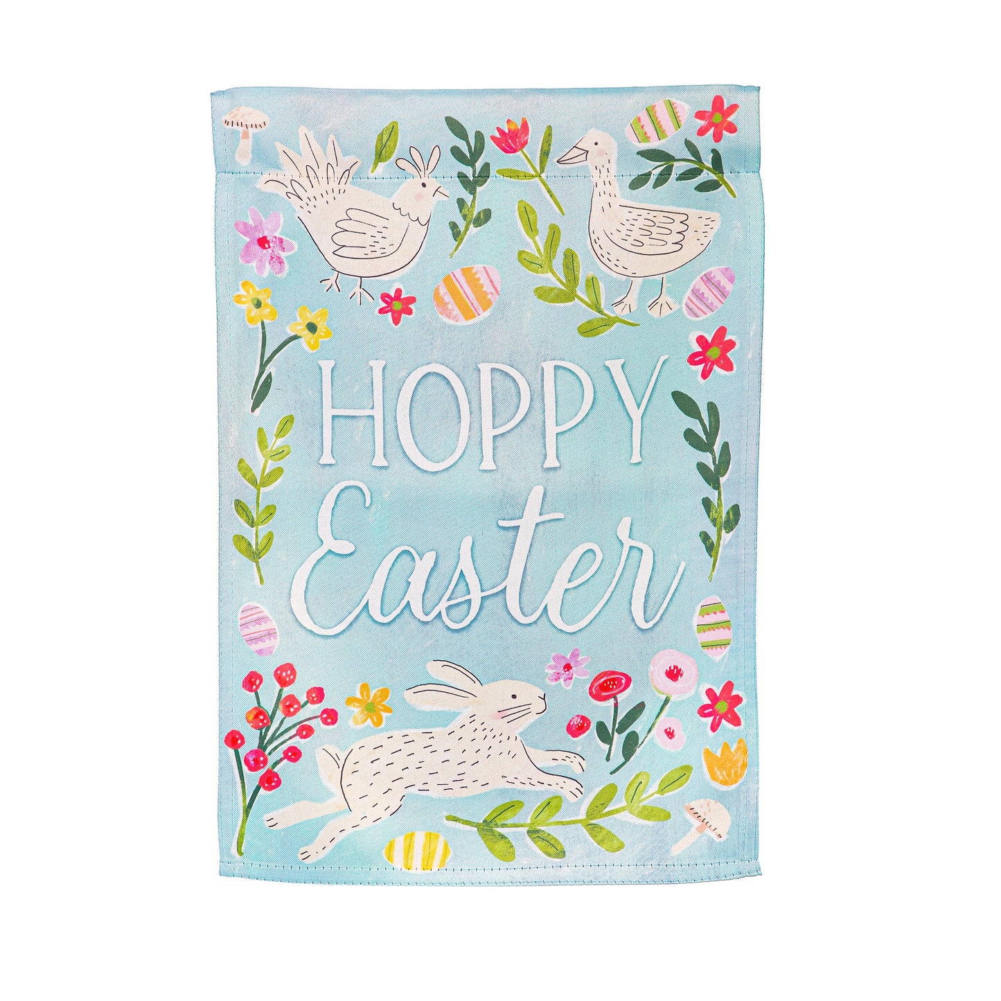 In Bloom Suede Garden Flag by Evergreen Enterprises, light blue flag with birds and flowers on Tampa Home & Garden Store