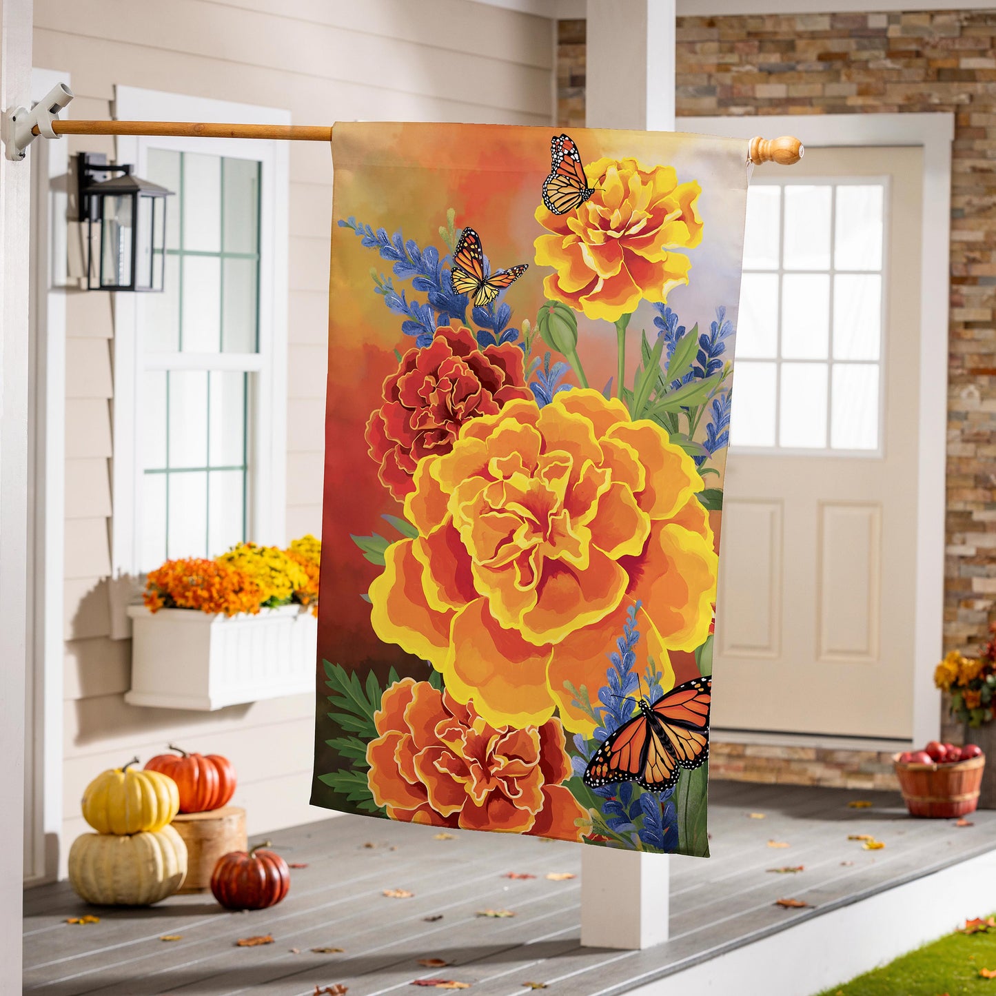 Mariposa Melody Burlap House Flag with vibrant orange yellow blooms and monarch butterflies on Tampa Home & Garden Store