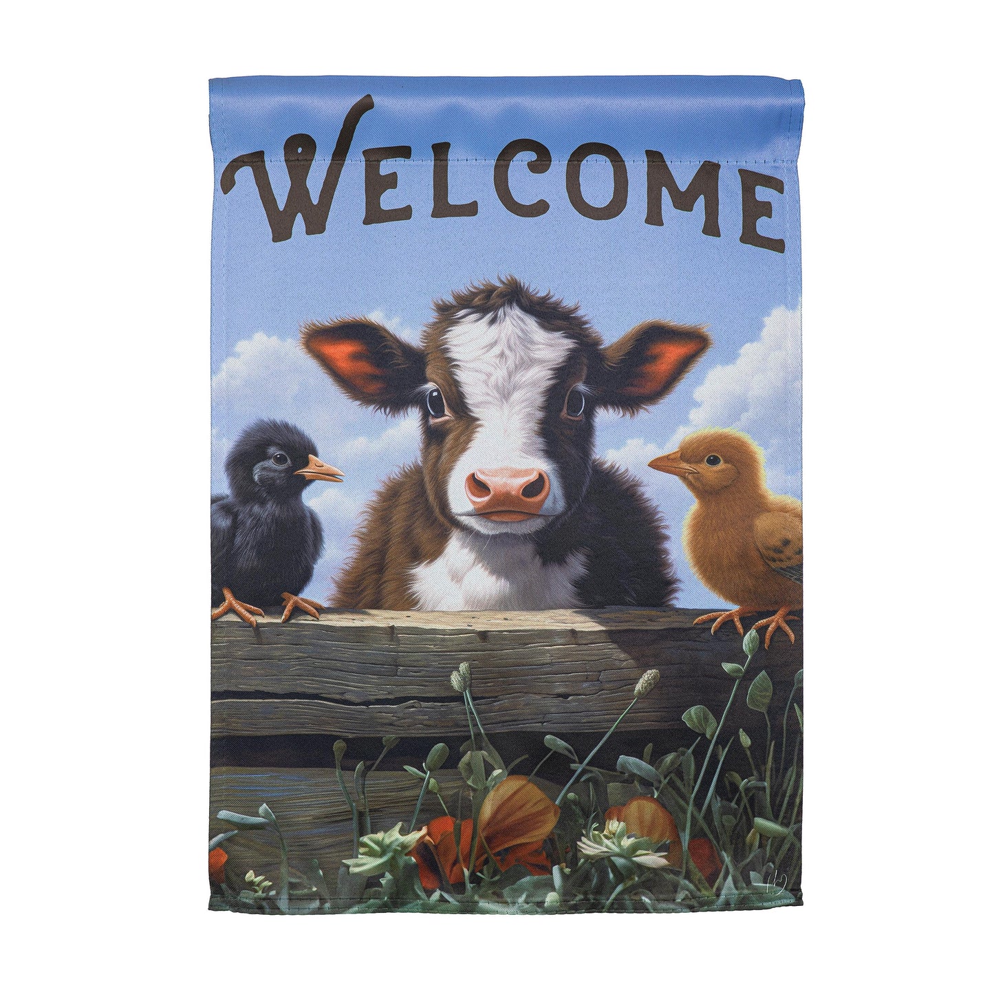 Hillside Pasture Cow and Chicks Suede Garden Flag by Evergreen; sky with cows and chicks on Tampa Home & Garden Store