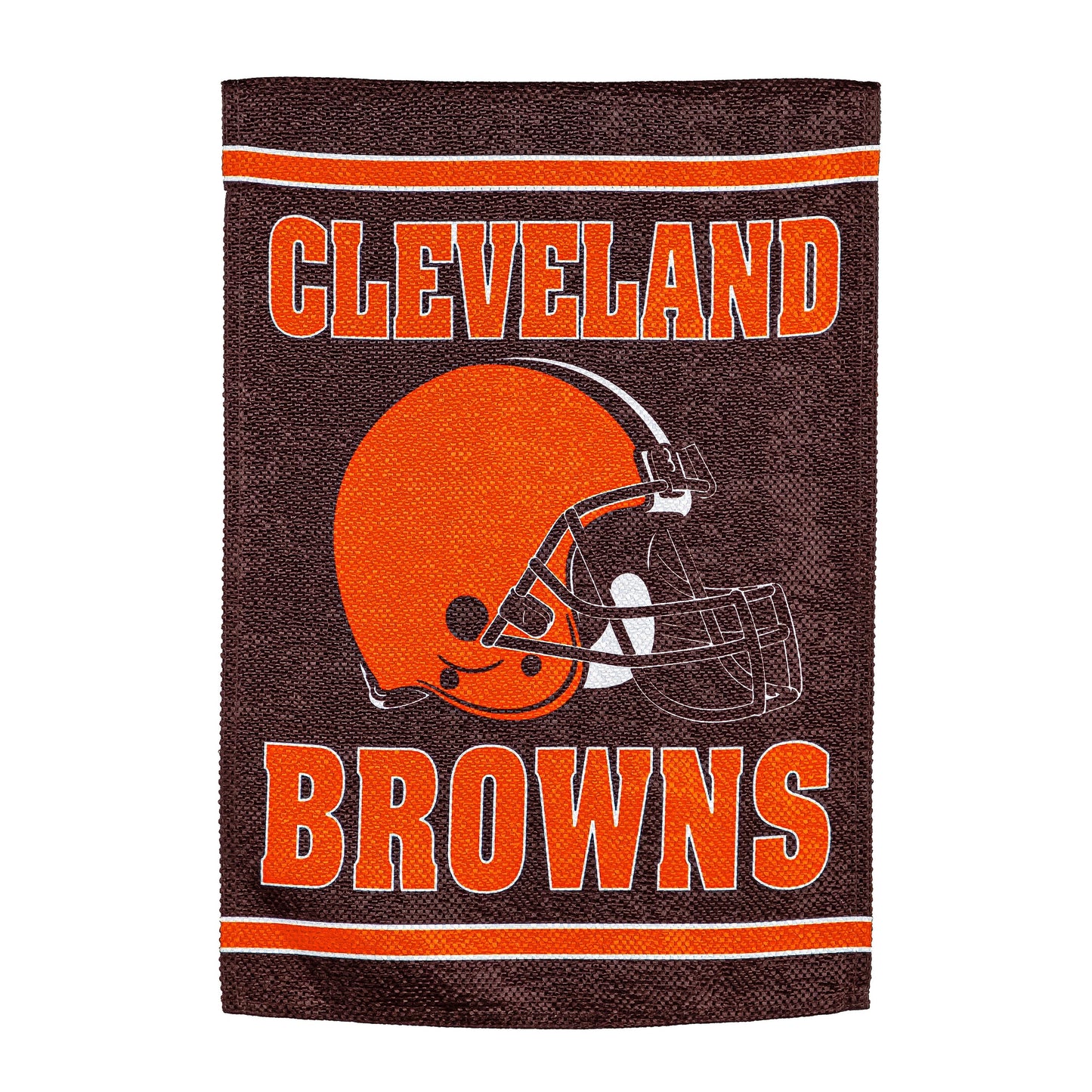 Cleveland Browns embossed suede house flag brown with orange name and helmet emblem on Tampa Home & Garden Store