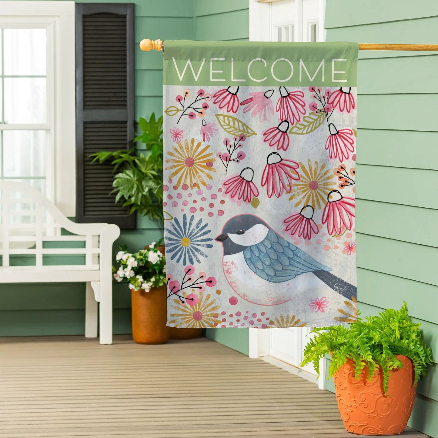 Pastel Doodles Chickadee Suede House Flag with green WELCOME header by Evergreen Enterprises on Tampa Home & Garden Store