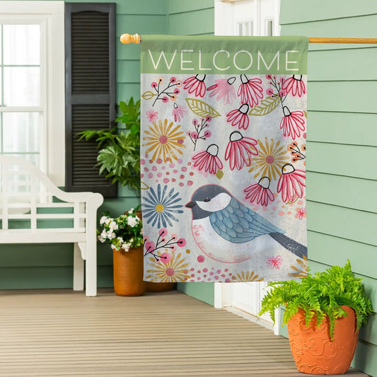 Pastel Doodles Chickadee Suede House Flag with green WELCOME header by Evergreen Enterprises on Tampa Home & Garden Store