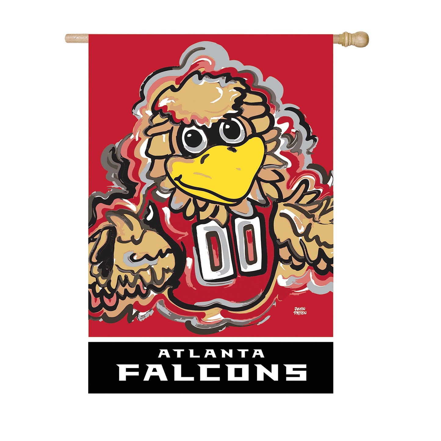 Atlanta Falcons suede flag Justin Patten mascot on red, wooden pole on Tampa Home & Garden Store