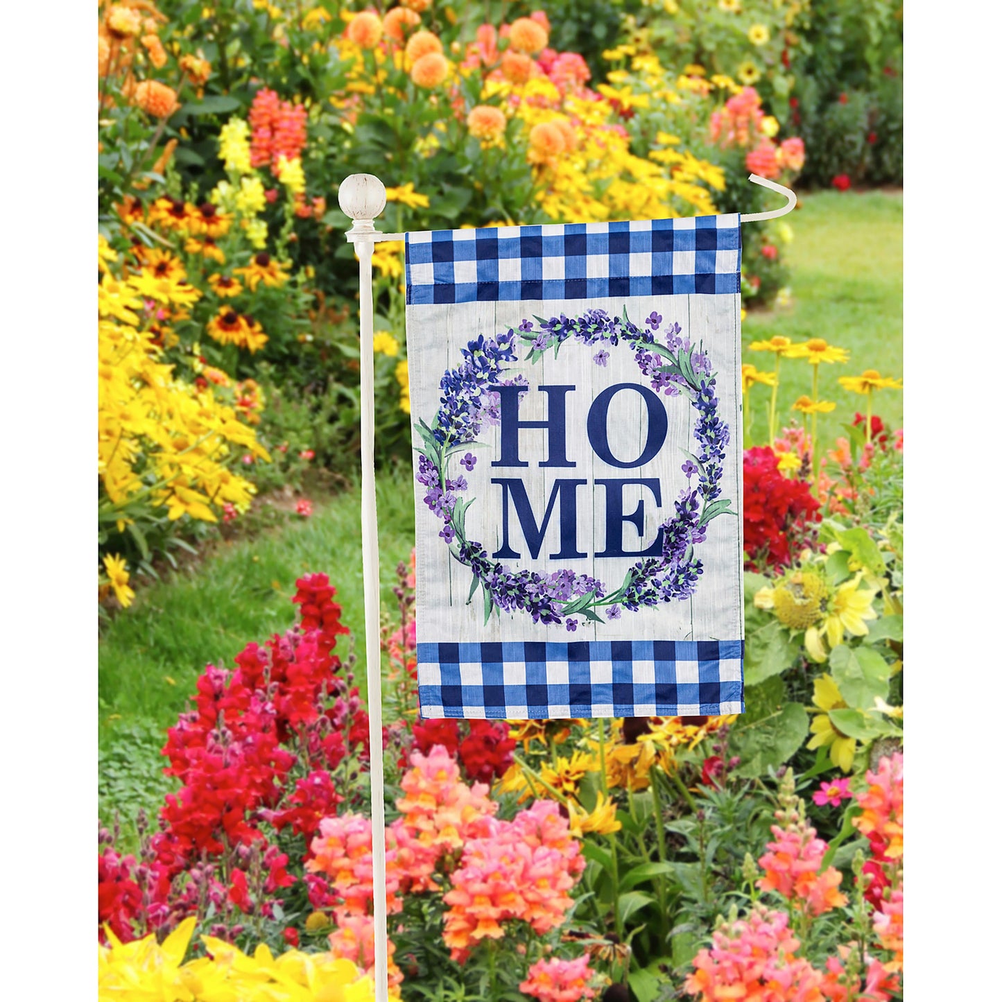 Metal twist garden flag stand brushed ivory finish by Evergreen Enterprises holds a blue flag on Tampa Home & Garden Store