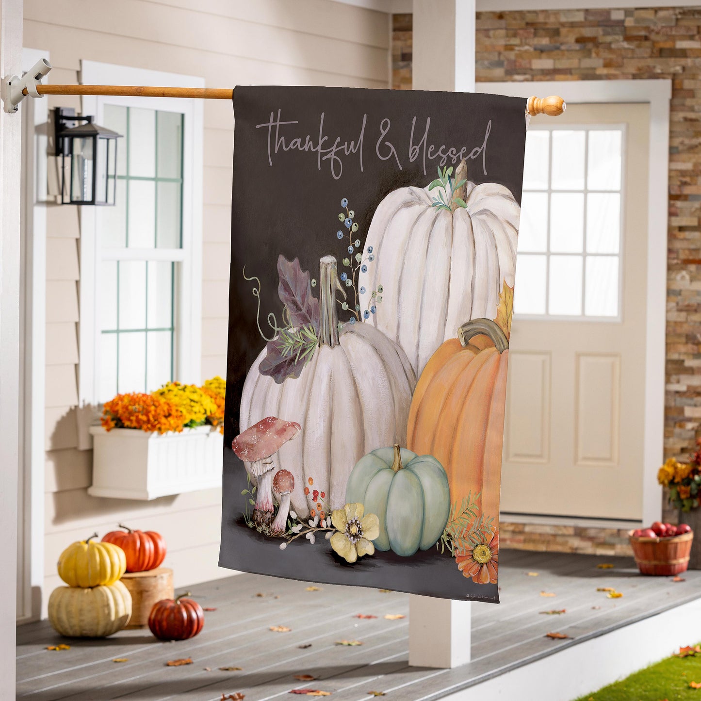 Beauty Of Fall Suede House Flag featuring thankful & blessed script with pumpkins and florals on Tampa Home & Garden Store