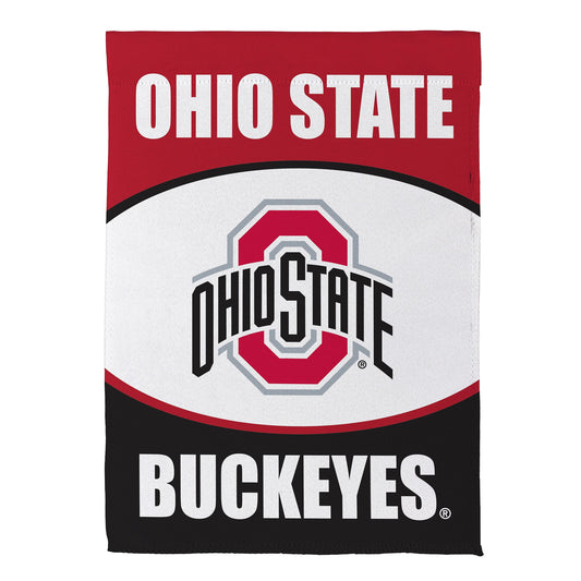 Ohio State suede garden flag with red header, white OHIO STATE, and BUCKEYES logo on black band on Tampa Home & Garden Store
