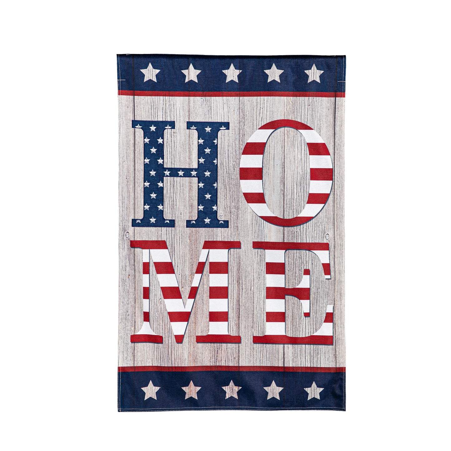Stacked Home House Burlap Flag with patriotic USA stars and striped red-white on wood on Tampa Home & Garden Store