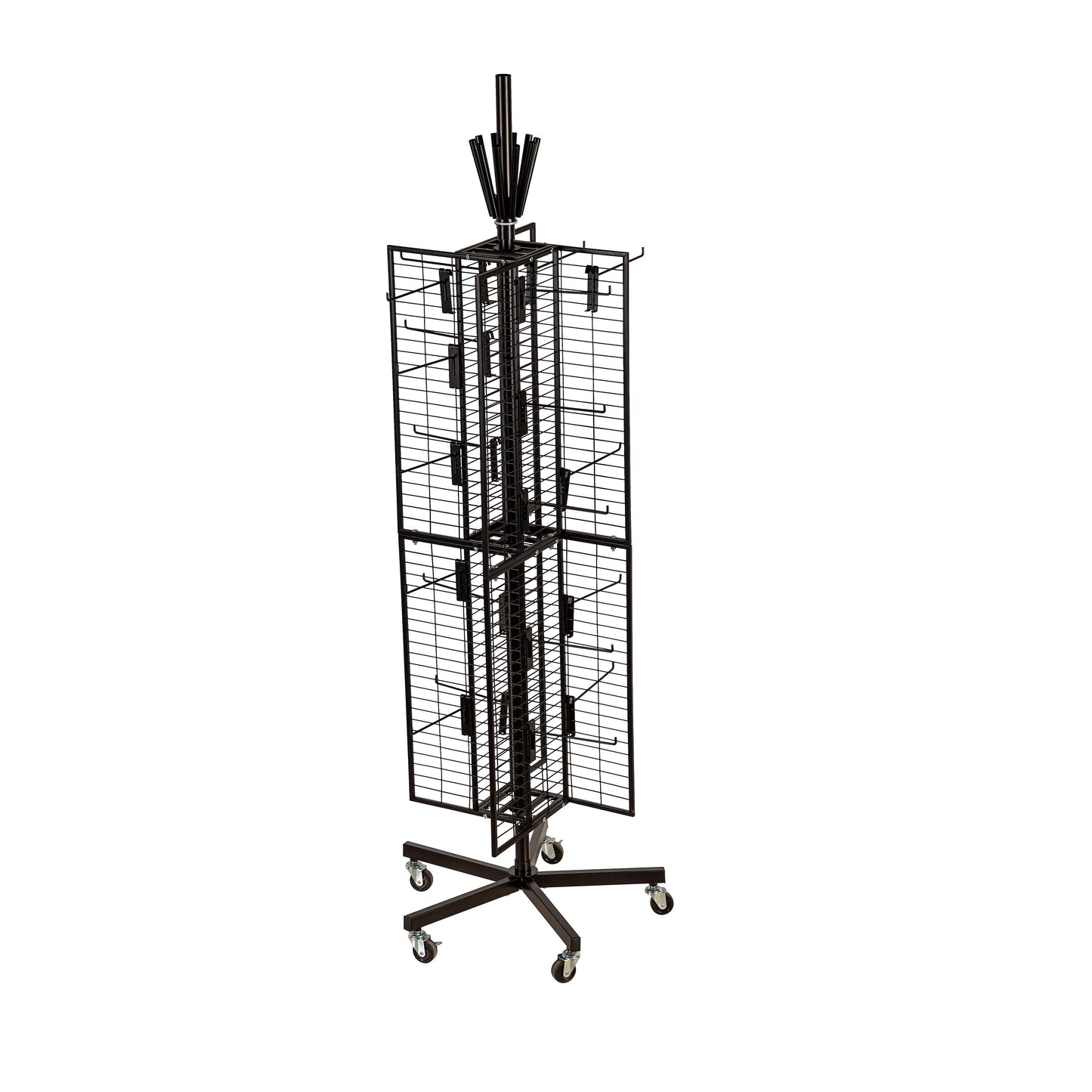 Flag Grid Display with Pinwheel Holder in black metal on wheeled retail display stand on Tampa Home & Garden Store