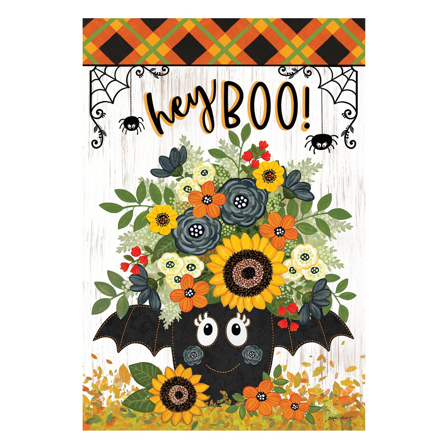 Hey Boo Moire Garden Flag with orange moire top and white wood panel featuring floral bouquet on Tampa Home & Garden Store
