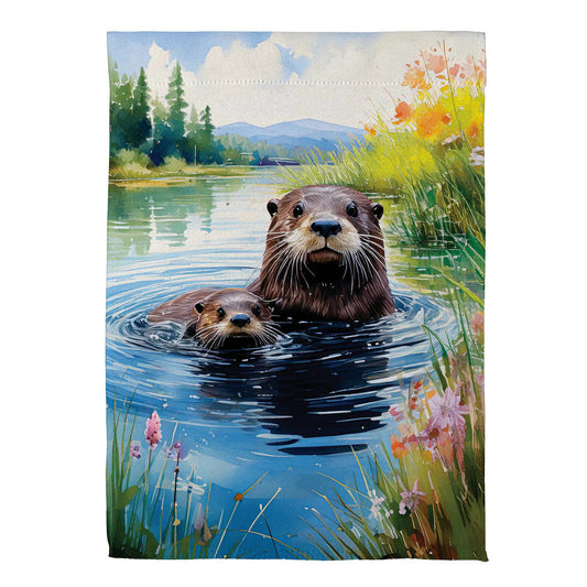 Otter Family suede garden flag with two otters in a lake among tall grasses and colorful blooms on Tampa Home & Garden Store