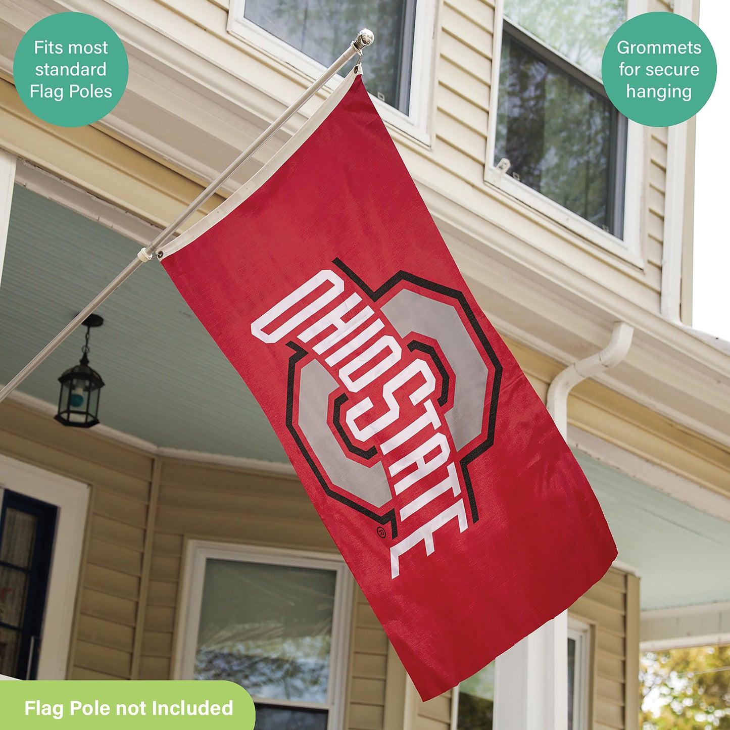 Ohio State University 3x5 ft single-sided flag with 2 grommets displayed on a flagpole on Tampa Home & Garden Store