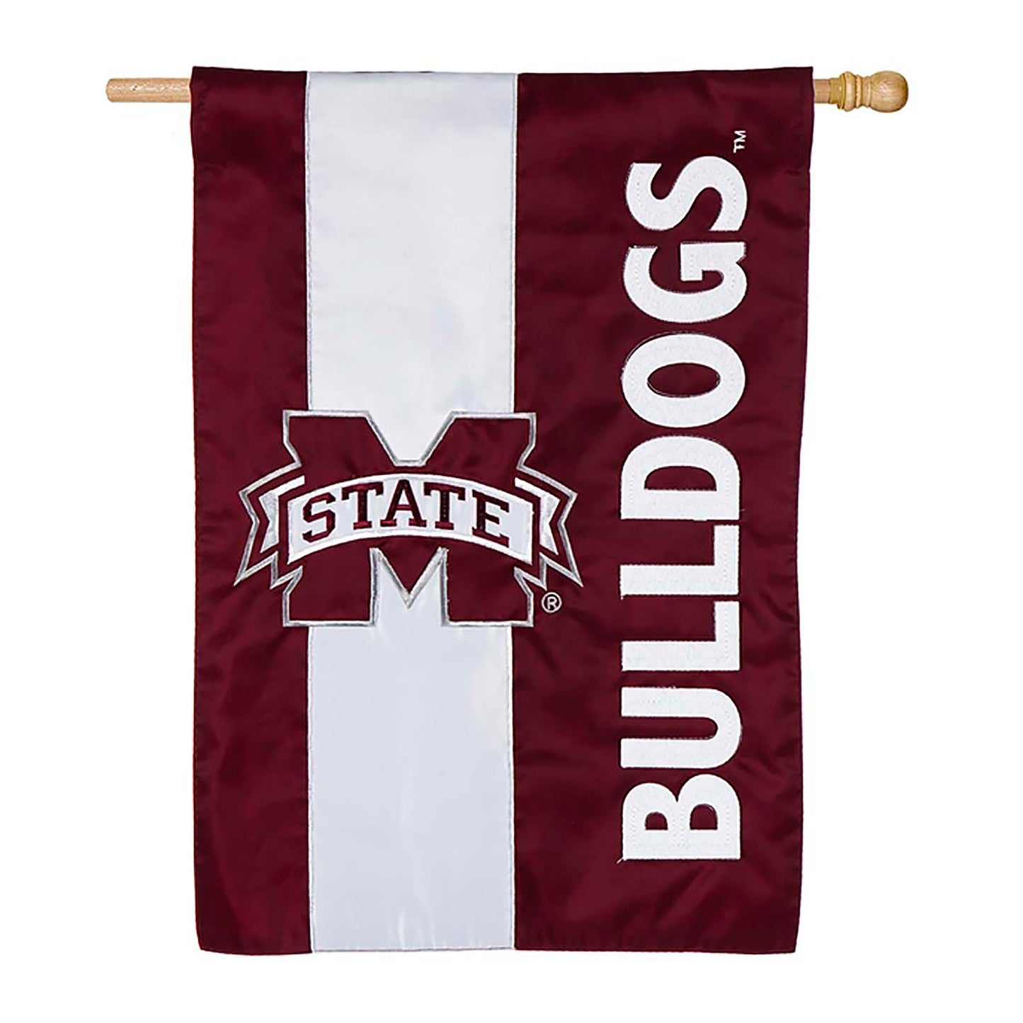 Double-Sided Mississippi State flag with white stripe on maroon fabric mounted on a pole on Tampa Home & Garden Store