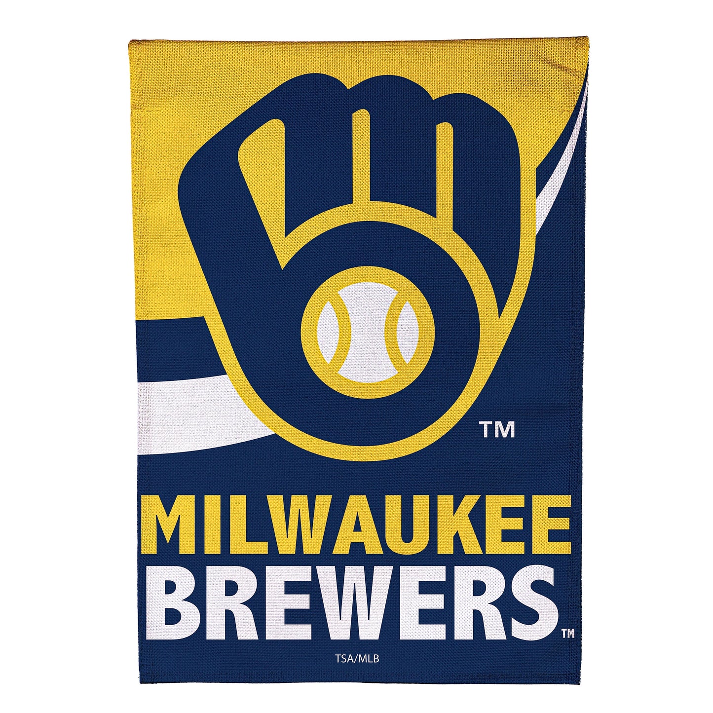 Milwaukee Brewers Burlap Garden Flag yellow and navy blue team design by Evergreen Enterprises on Tampa Home & Garden Store