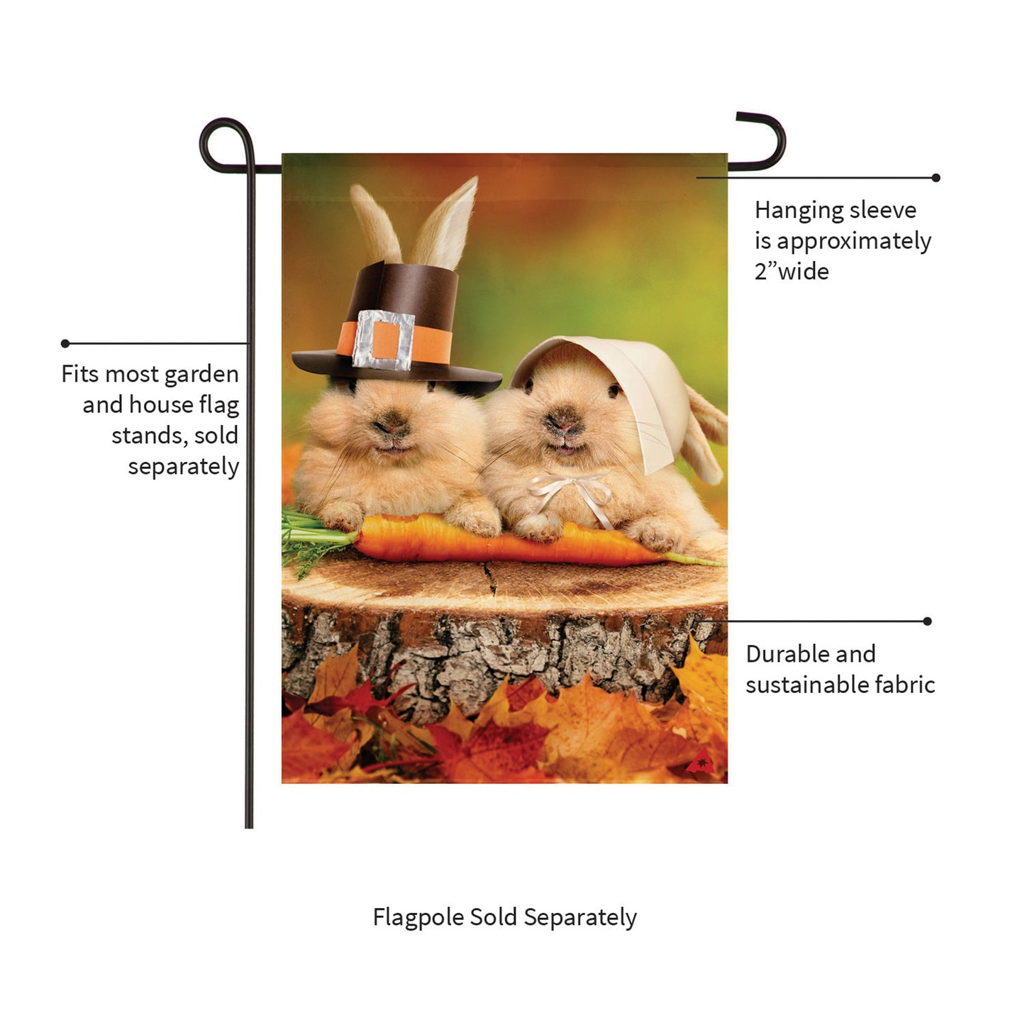 Bunny Pilgrims Suede Garden Flag featuring two rabbits in pilgrim hats on a log with autumn leaves on Tampa Home & Garden Store