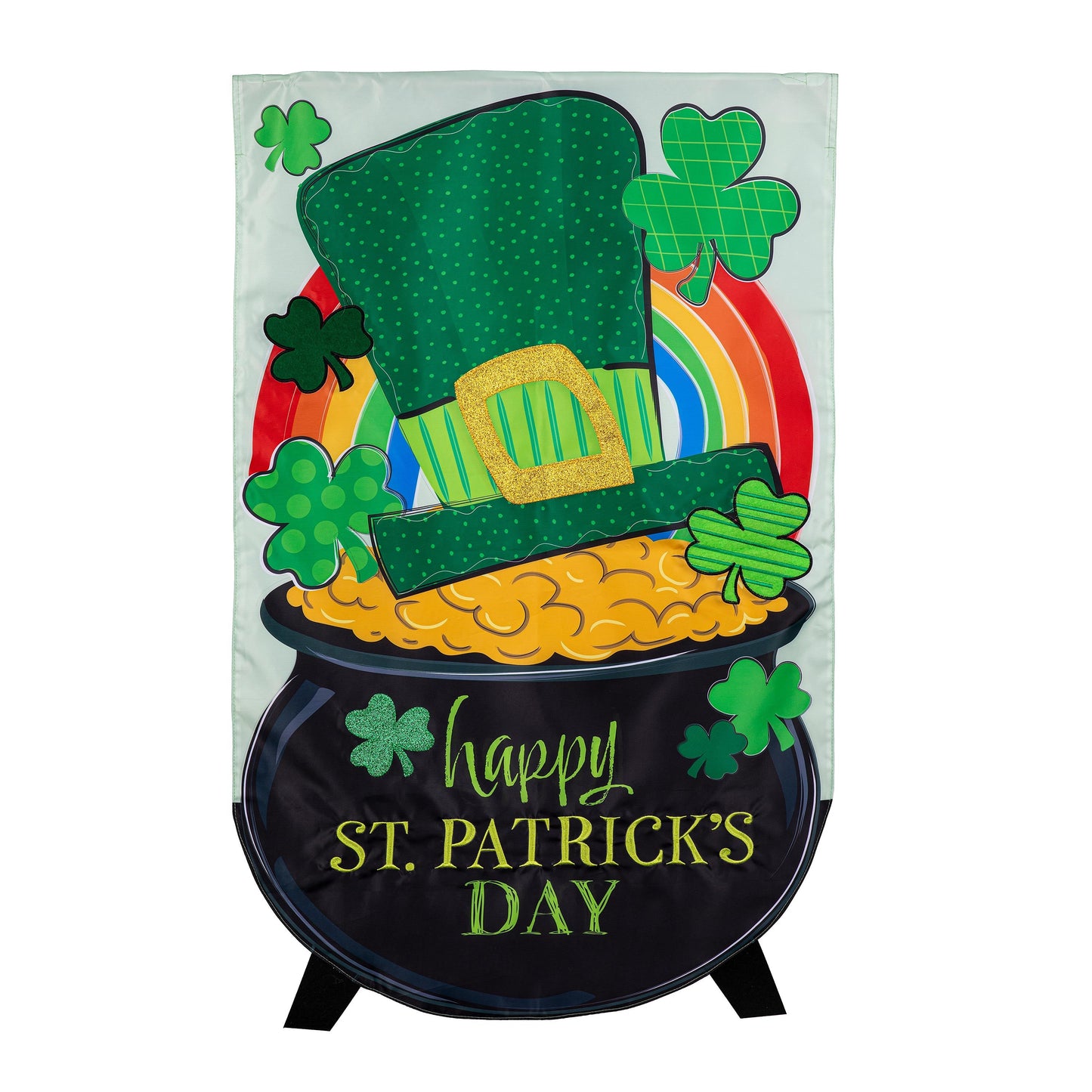 End of the Rainbow Applique House Flag Evergreen featuring green shamrocks and rainbow arc on Tampa Home & Garden Store