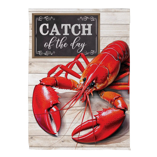 Evergreen Enterprises Lobster Catch Suede House Flag red lobster graphic for garden decor on Tampa Home & Garden Store