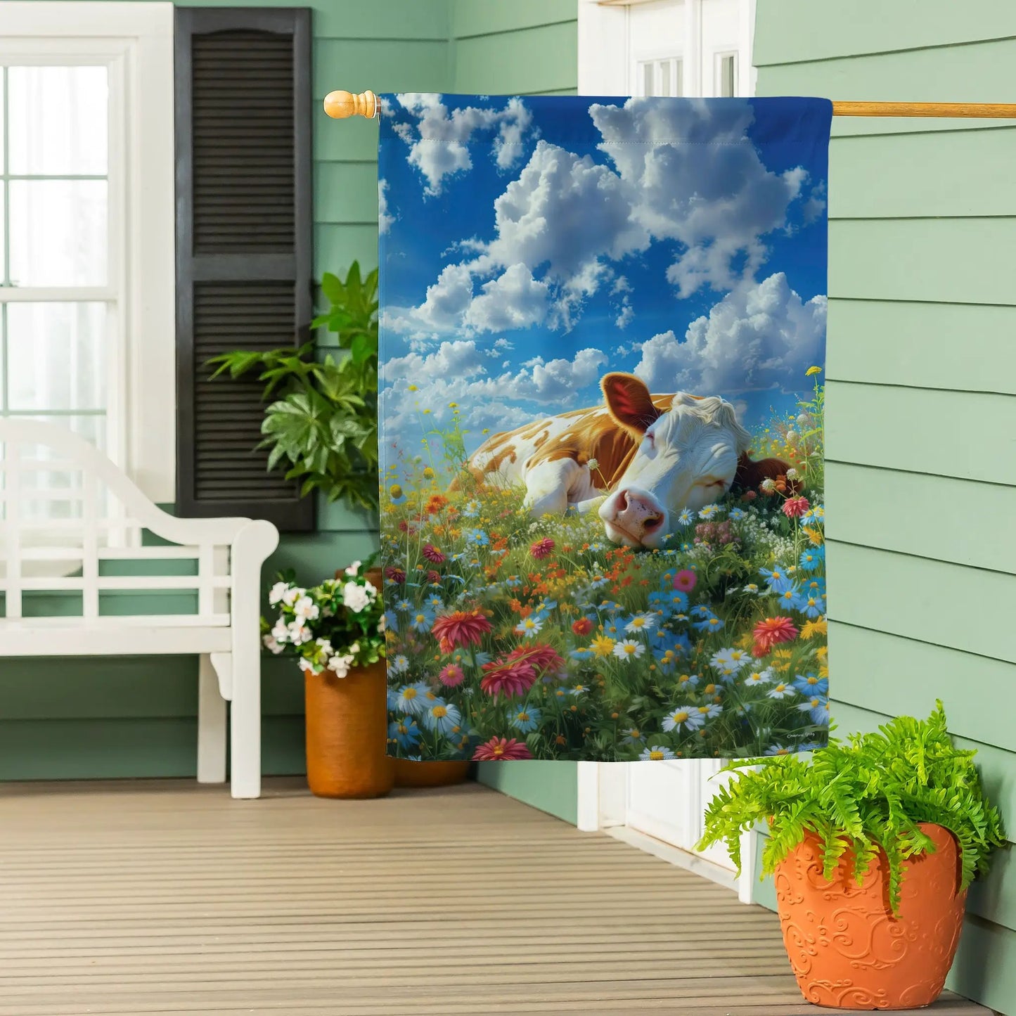 Summer Rest Suede House Flag for porch and garden with blue sky and clouds over a meadow on Tampa Home & Garden Store