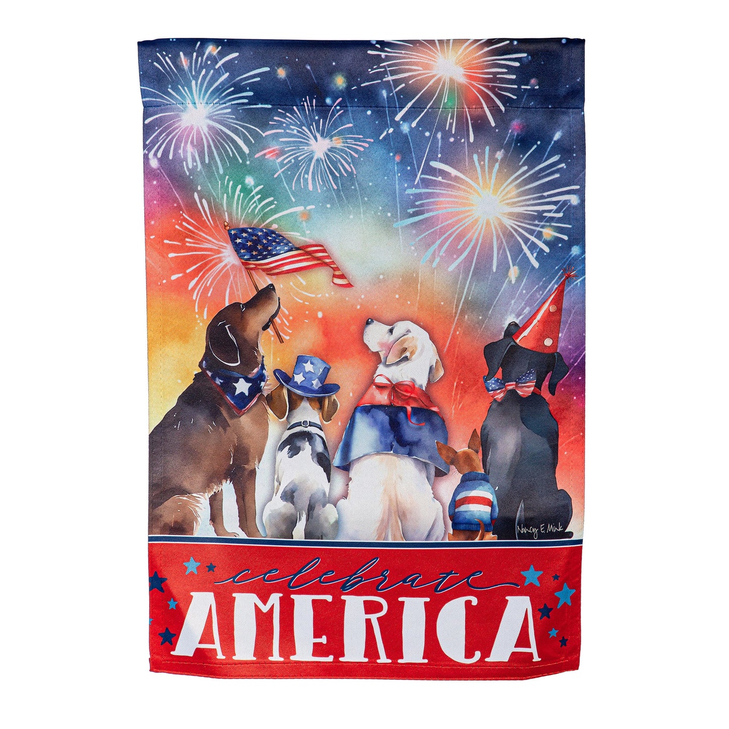 Patriotic Pups Suede Garden Flag featuring dogs in patriotic outfits under fireworks on Tampa Home & Garden Store