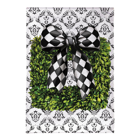 Black & White Bow Topiary Burlap Garden Flag with damask and bow Evergreen Enterprises on Tampa Home & Garden Store