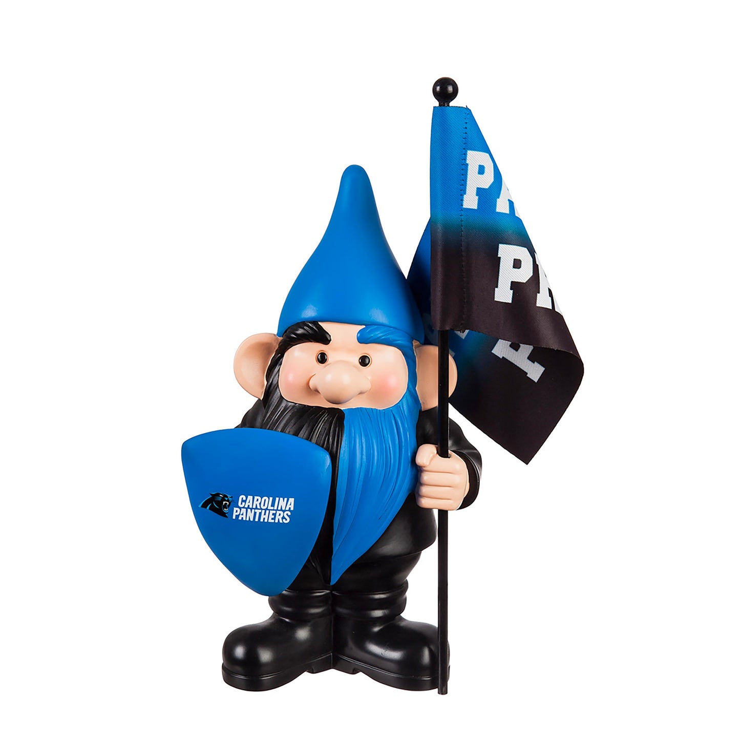 Carolina Panthers flag holder garden gnome in blue outfit holding a Panthers flag on Tampa Home & Garden Store