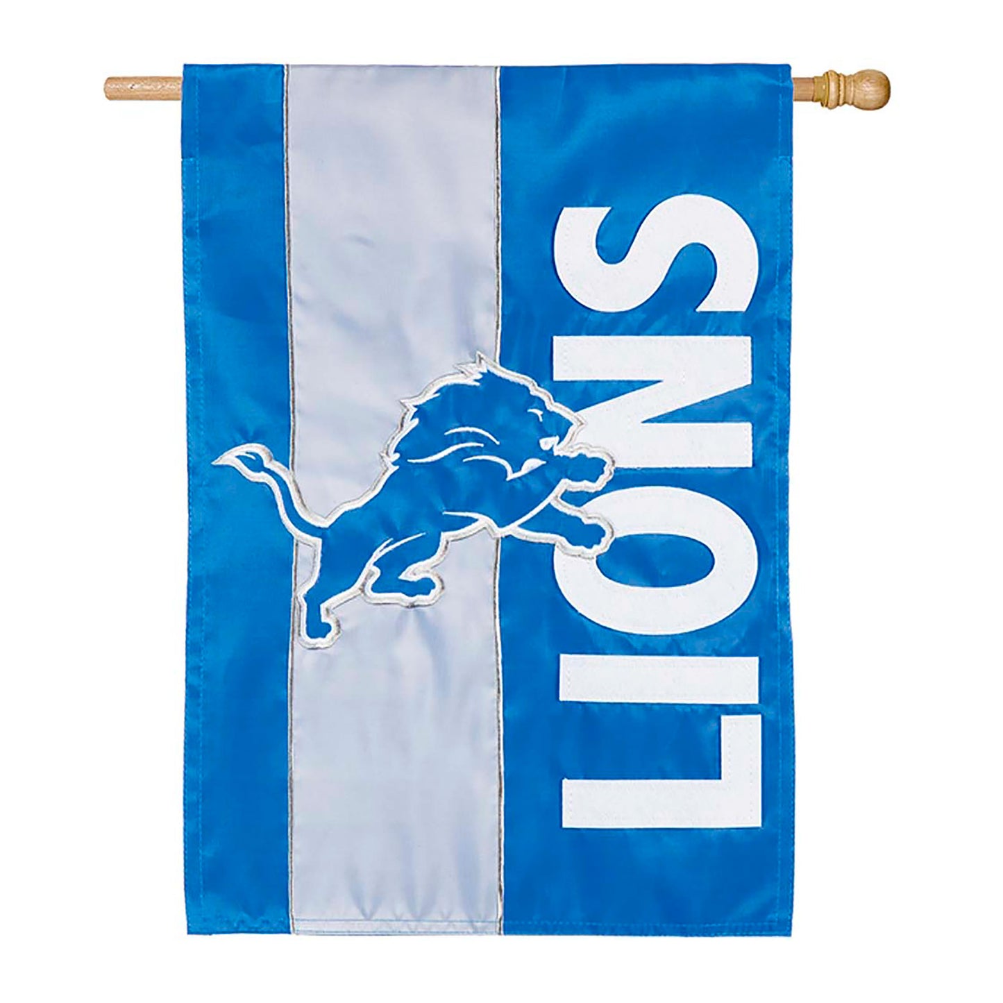 Double-Sided NFL Team Pride Applique House Flag Detroit Lions blue flag with Lions logo on wooden pole on Tampa Home & Garden Store