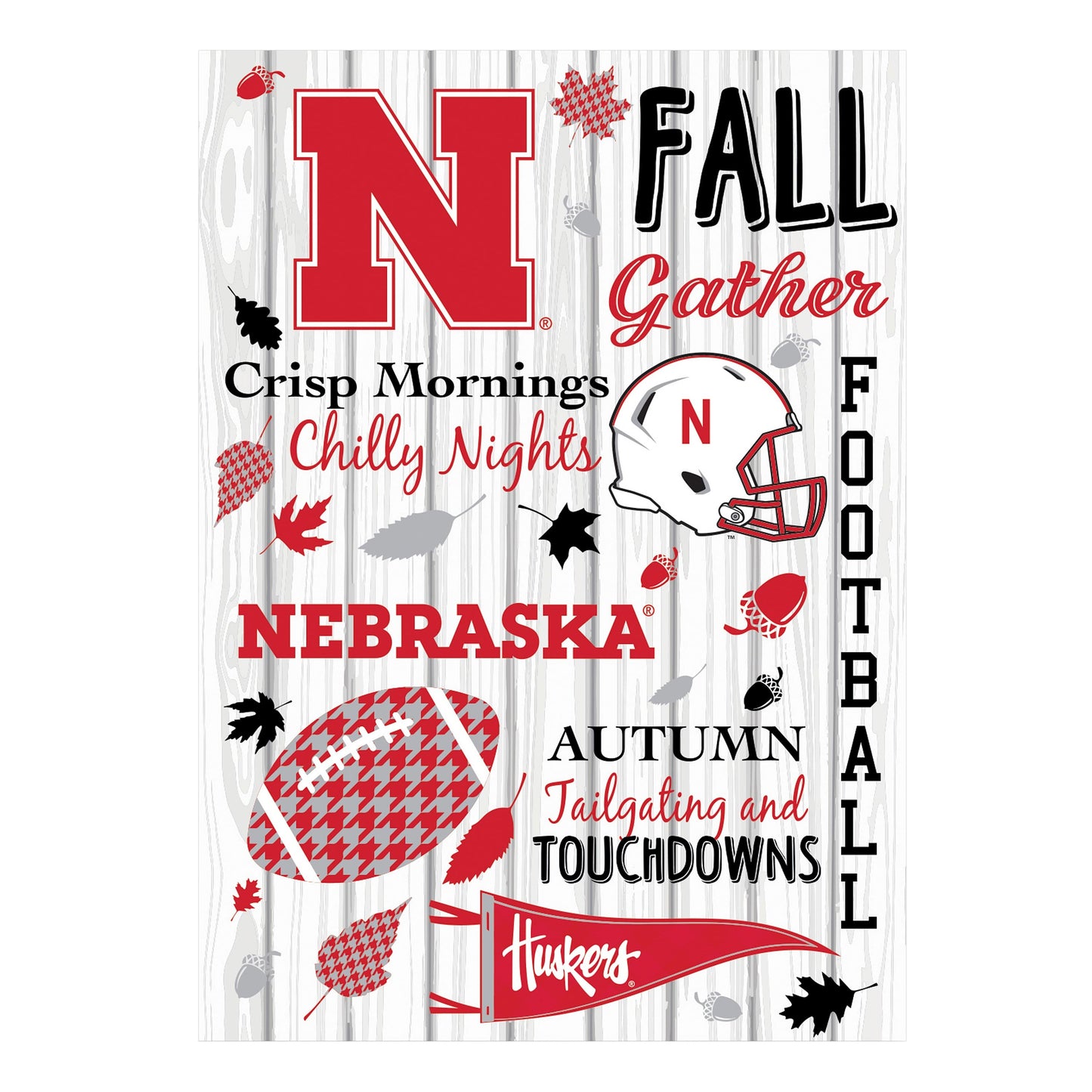 Moire Flag University of Nebraska flag with red NE letters Huskers script helmet on wood grain on Tampa Home & Garden Store