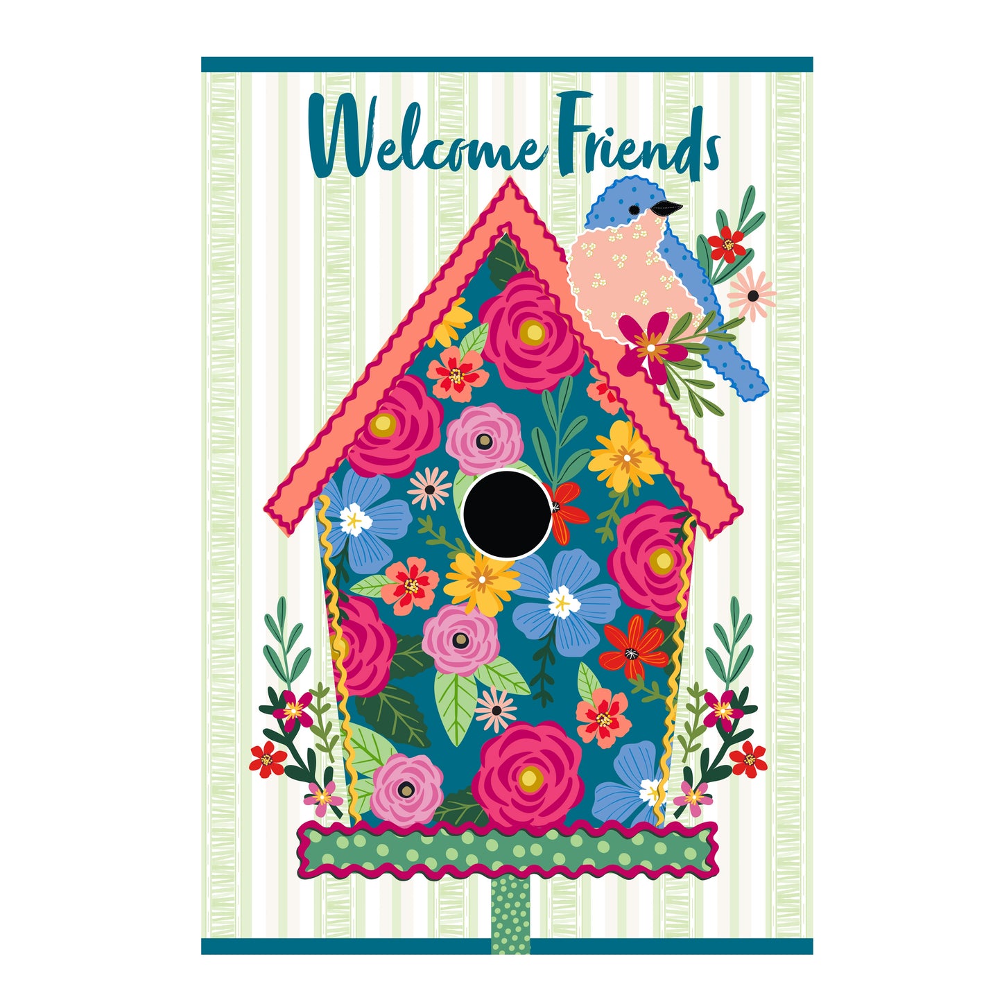Ric Rac Bird House applique flag with blue bird and colorful flowers on Tampa Home & Garden Store