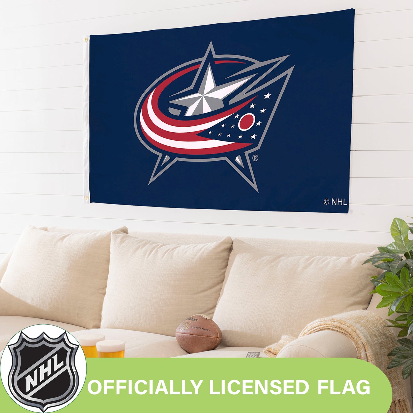Columbus Blue Jackets flag 3x5 sublimated, 2 grommets, blue with team crest NHL logo on Tampa Home & Garden Store