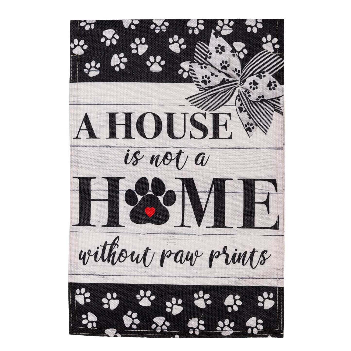 Paw Prints Garden Burlap Flag black burlap with white paw prints and HOME motif on Tampa Home & Garden Store