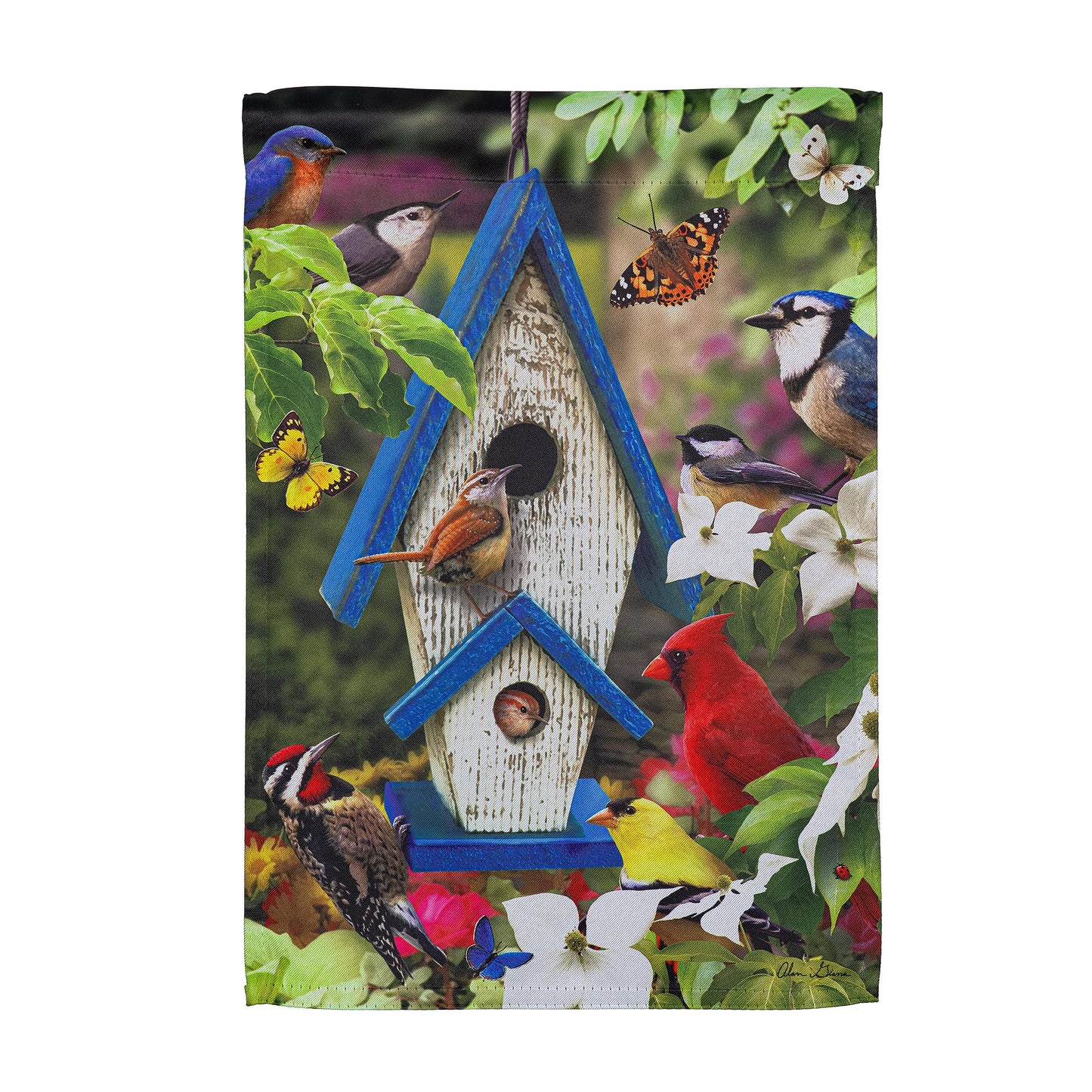 Summer Song Suede Garden Flag with colorful birds and butterflies around a blue birdhouse on Tampa Home & Garden Store