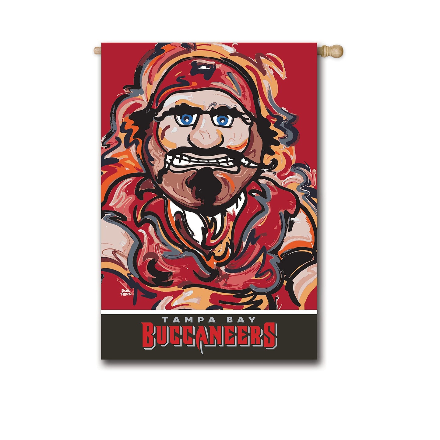 Tampa Bay Buccaneers suede flag with artwork on red backdrop Justin Patten signature on Tampa Home & Garden Store