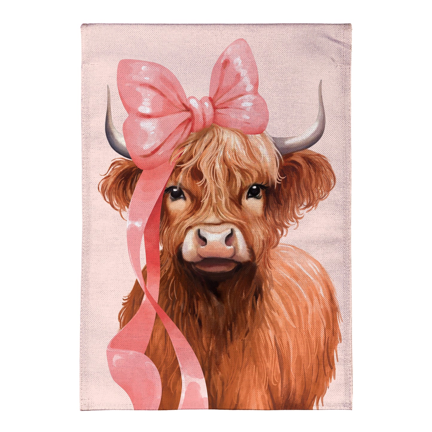Burlap garden flag Blossom The Bowtiful Highland Cow with a pink bow on Tampa Home & Garden Store