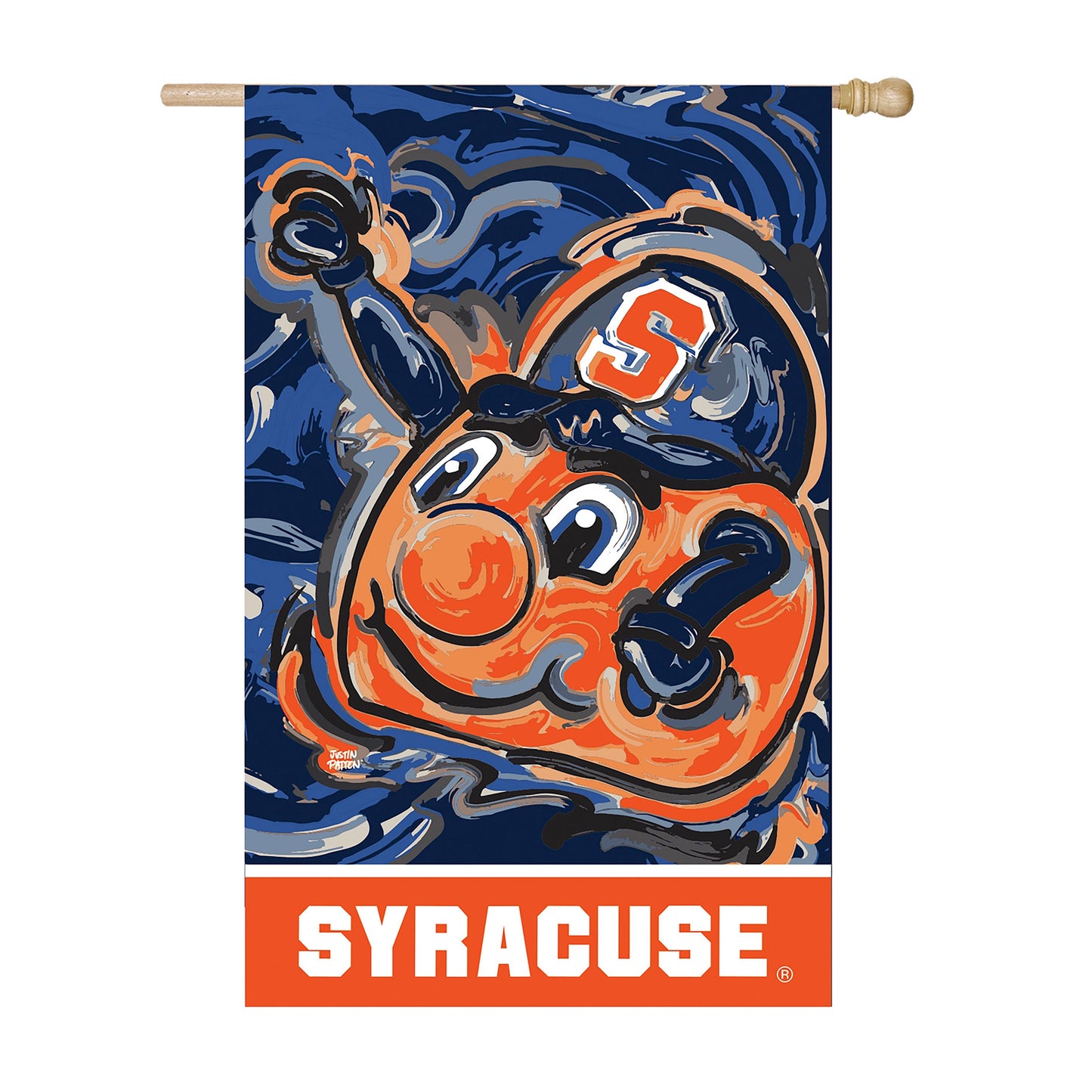 Syracuse suede flag with blue orange abstract art and Syracuse lettering on a wooden rod on Tampa Home & Garden Store
