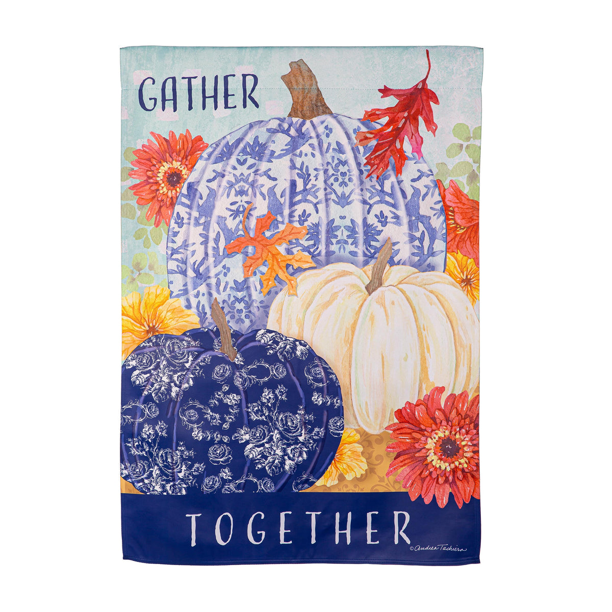 Changing Seasons Pumpkins Suede House Flag with pumpkins and sunflowers on teal background on Tampa Home & Garden Store
