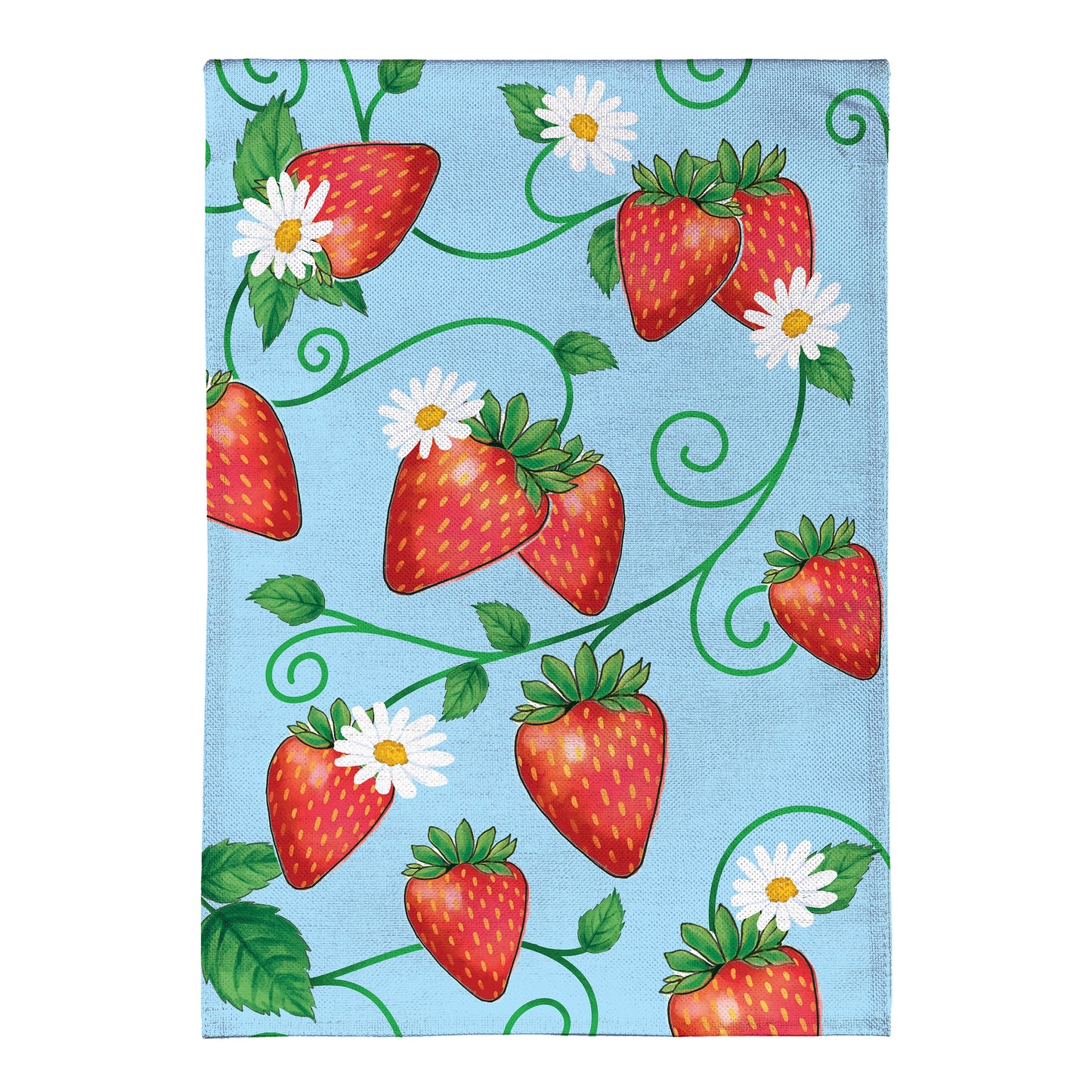 Sweet Strawberries Burlap Garden Flag blue burlap with strawberry pattern and white daisies on Tampa Home & Garden Store