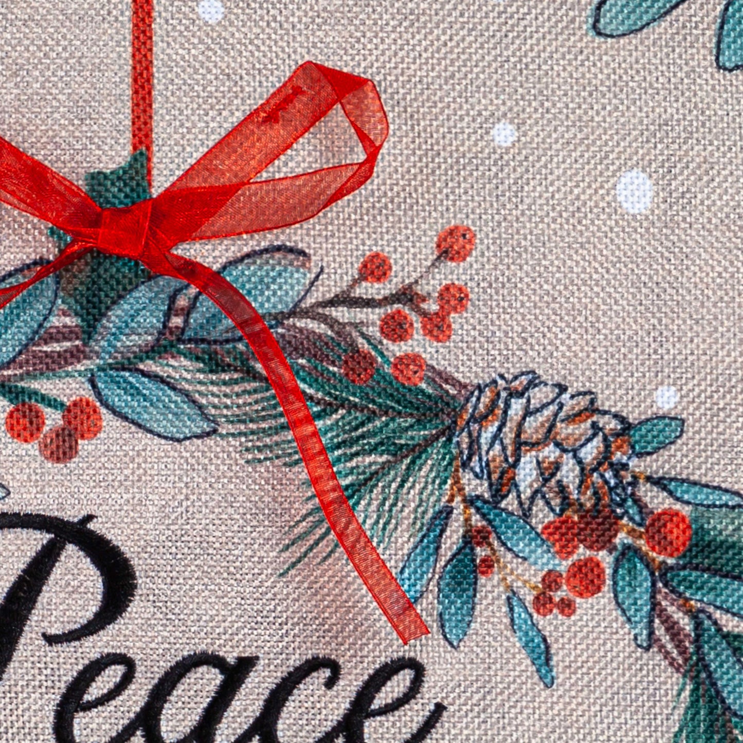Chickadee Wreath Burlap Garden Flag closeup with red ribbon bow on burlap and teal leaves on Tampa Home & Garden Store