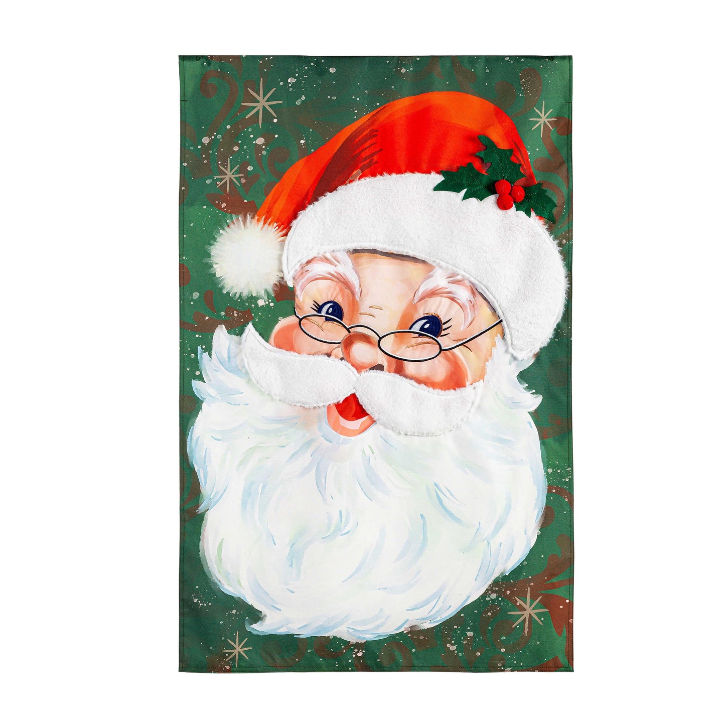 Merry Santa Linen House Flag featuring Santa's red hat and white beard on a green background on Tampa Home & Garden Store