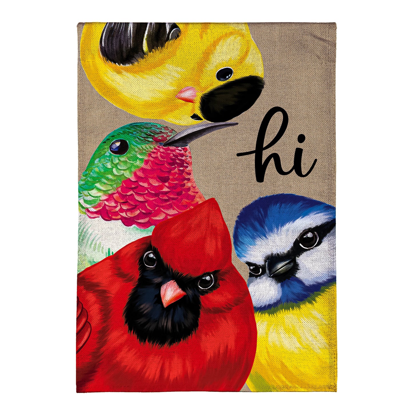 Cottage Garden Portly Birds Burlap Flag yellow bird and multicolor bird on burlap Evergreen on Tampa Home & Garden Store