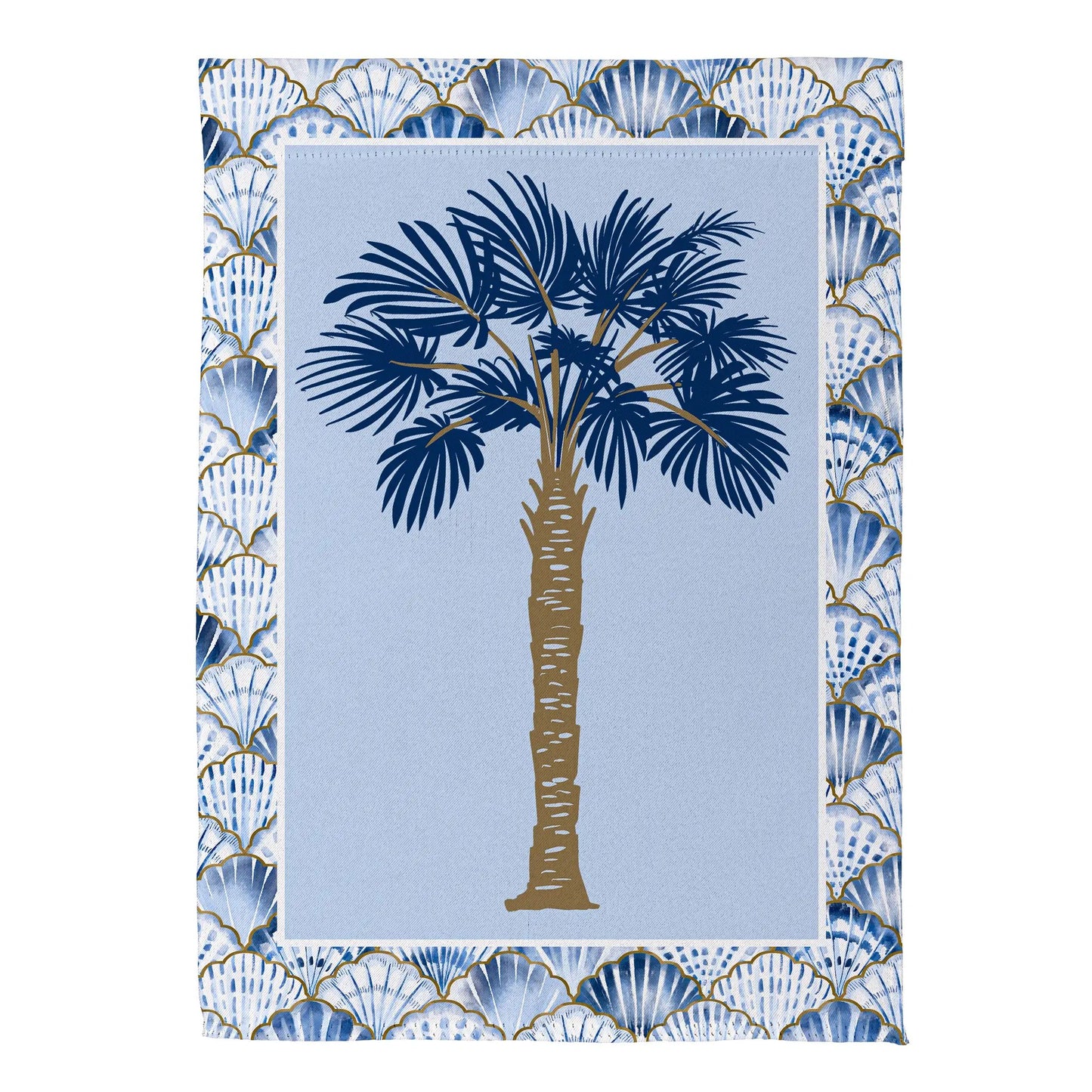 Blue coastal palm trees double-sided suede flag by Evergreen Enterprises on blue background on Tampa Home & Garden Store